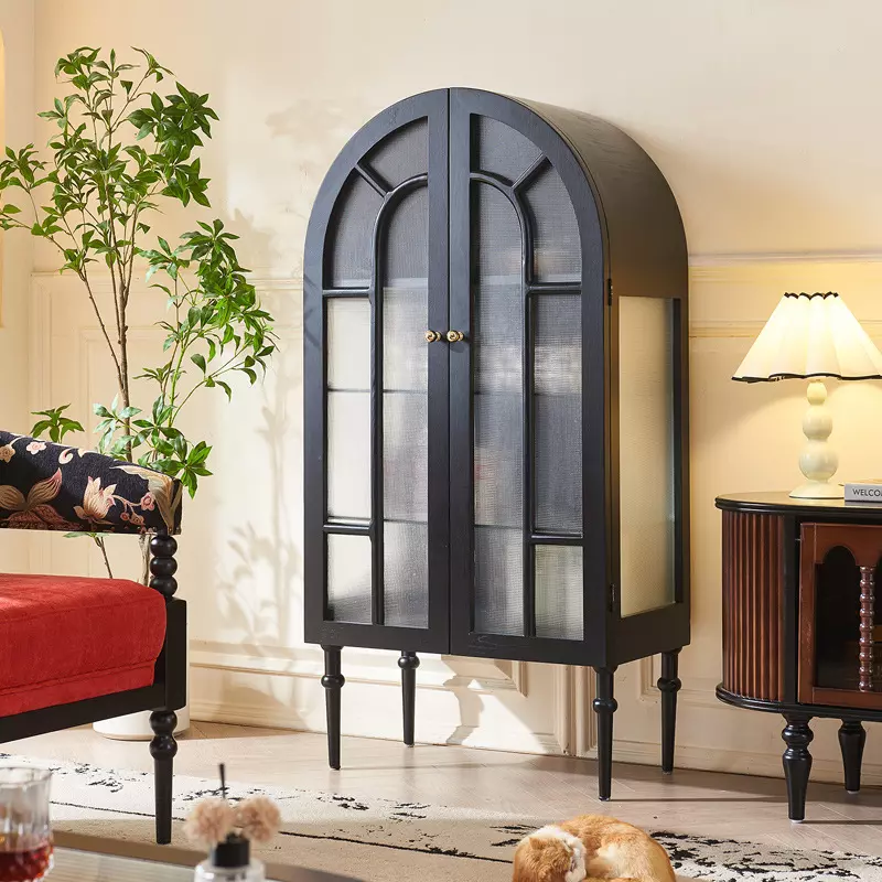French retro arched solid wood glass side cabinet