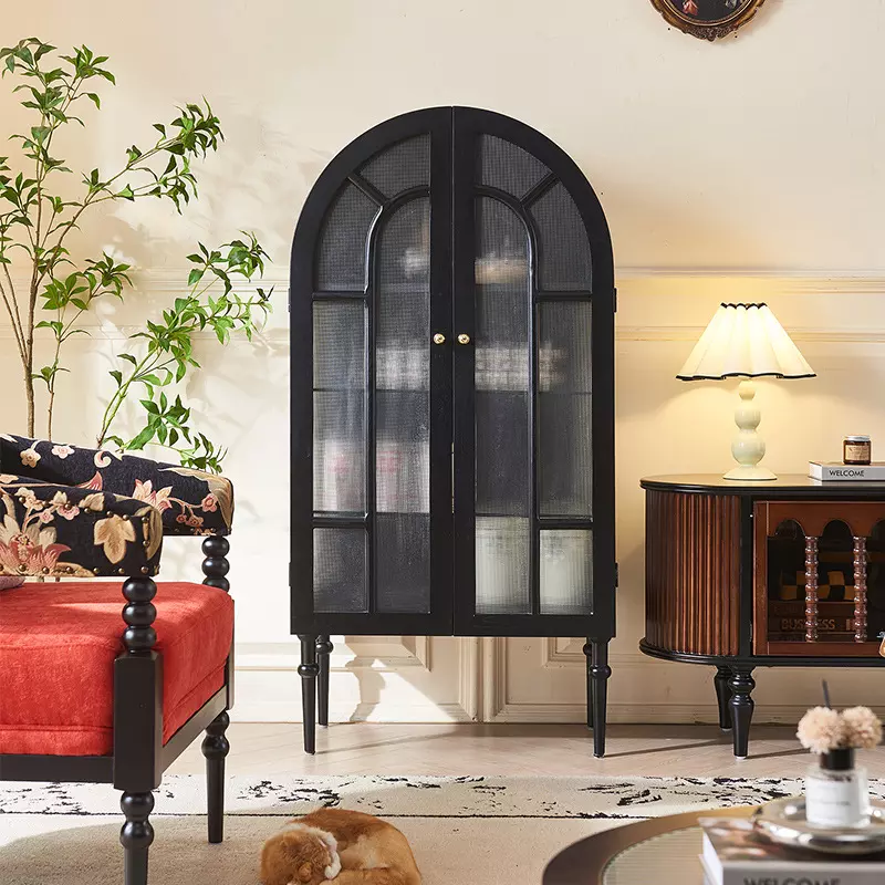 French retro arched solid wood glass side cabinet