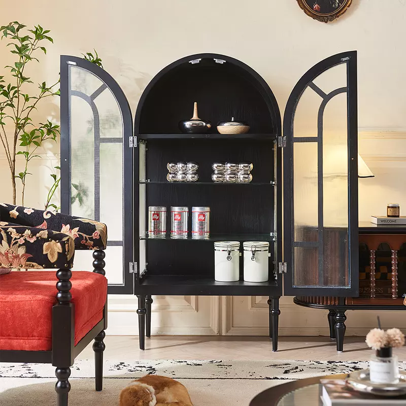 French retro arched solid wood glass side cabinet